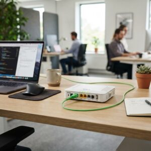 مودم فیبر نوری ONT با کابل فیبر سبز متصل