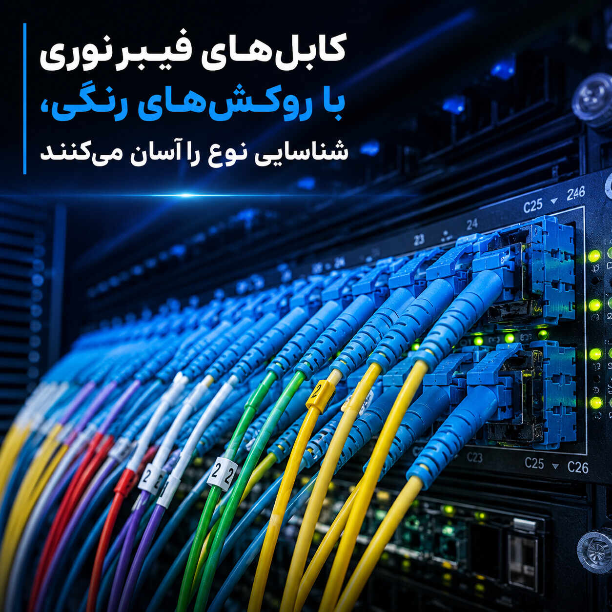 کابلهای فیبر نوری آبی متصل به پنل