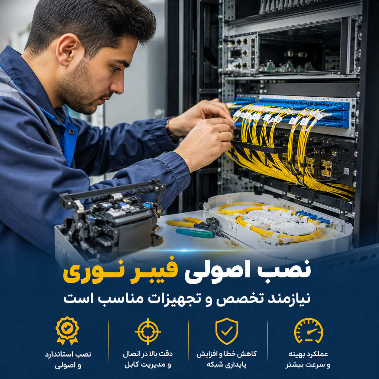 تکنسین در حال نصب کابل فیبر نوری