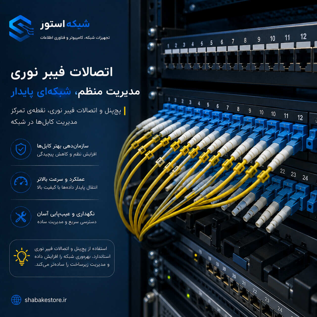 اتصالات فیبر نوری در پنل شبکه